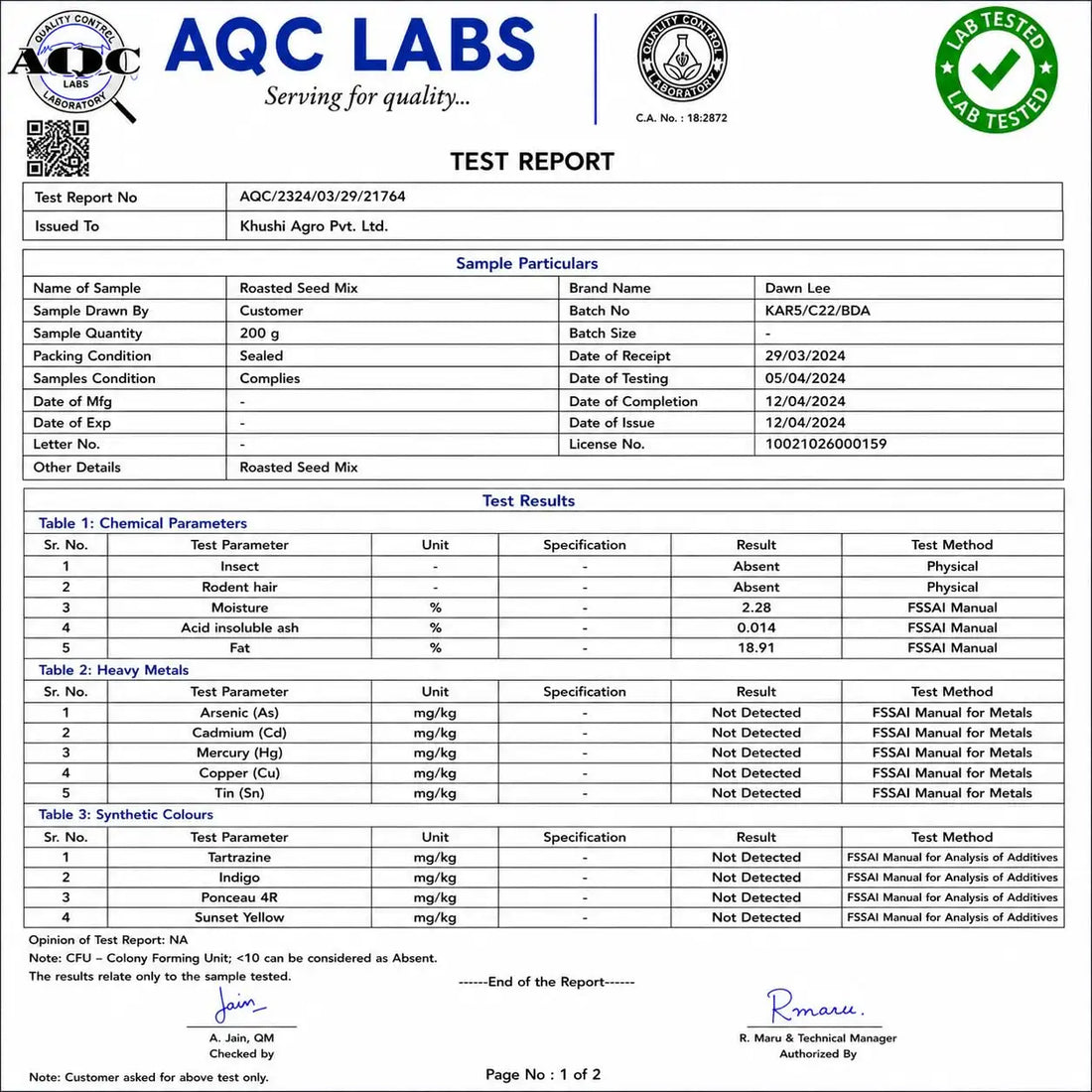 AQCLABS test report document for roasted seed mix, page layout with test results table