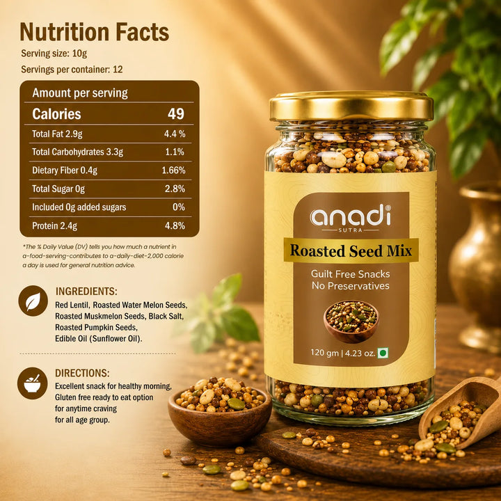 Roasted seed mix 120g jar with gold lid and label, gluten free no preservatives