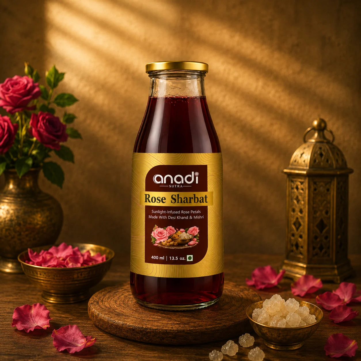 Rose sharbat bottle 400 ml with gold cap and rose-themed label