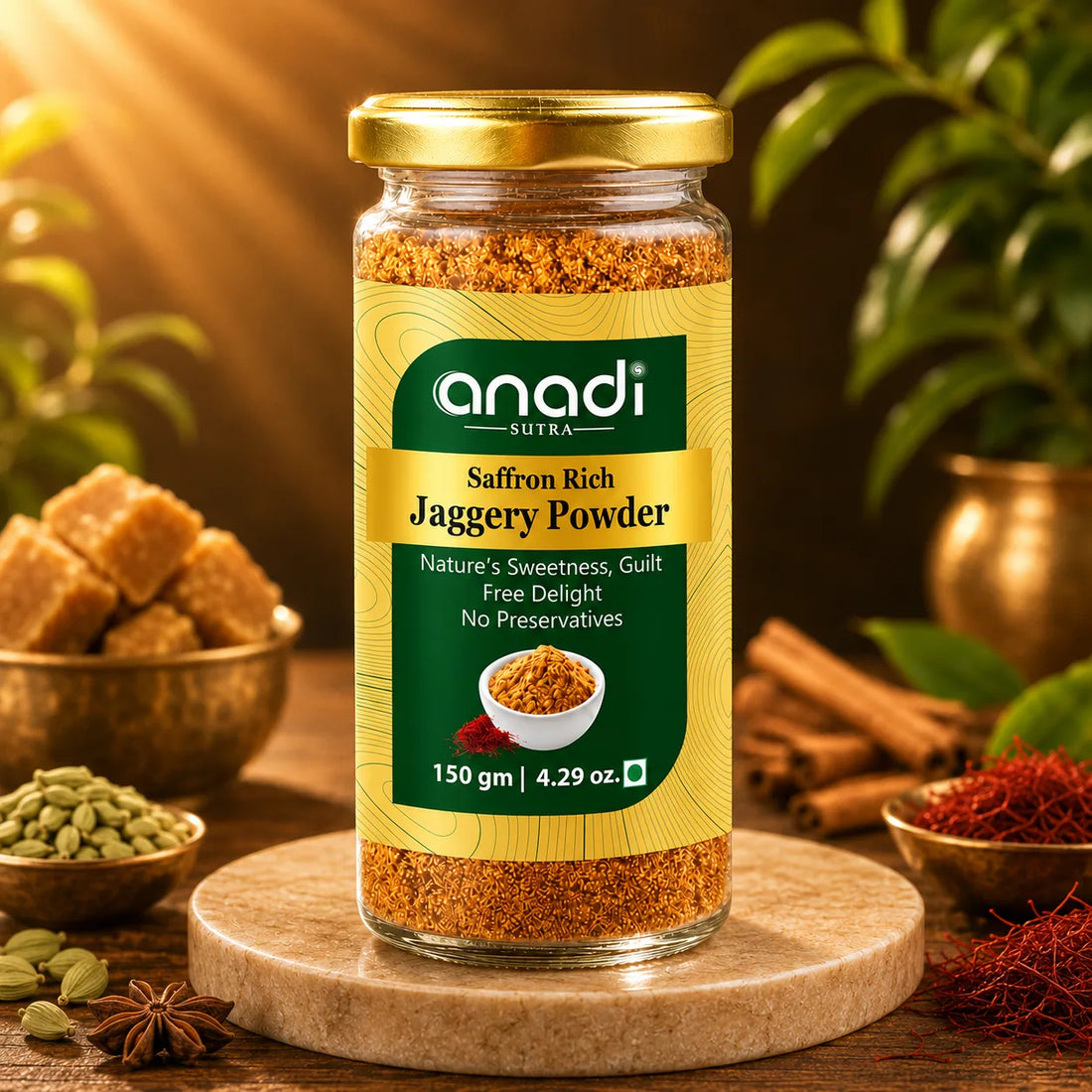 Saffron jaggery powder in glass jar with gold lid, orange-brown granules
