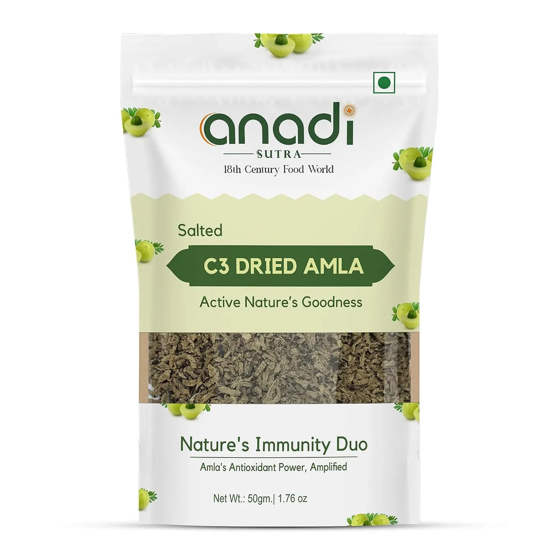 Salted C3 dried amla resealable pouch, green-and-brown front design