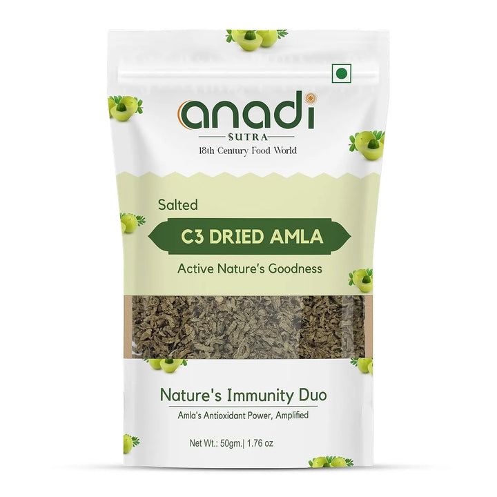Salted C3 dried amla resealable pouch, green-and-brown front design