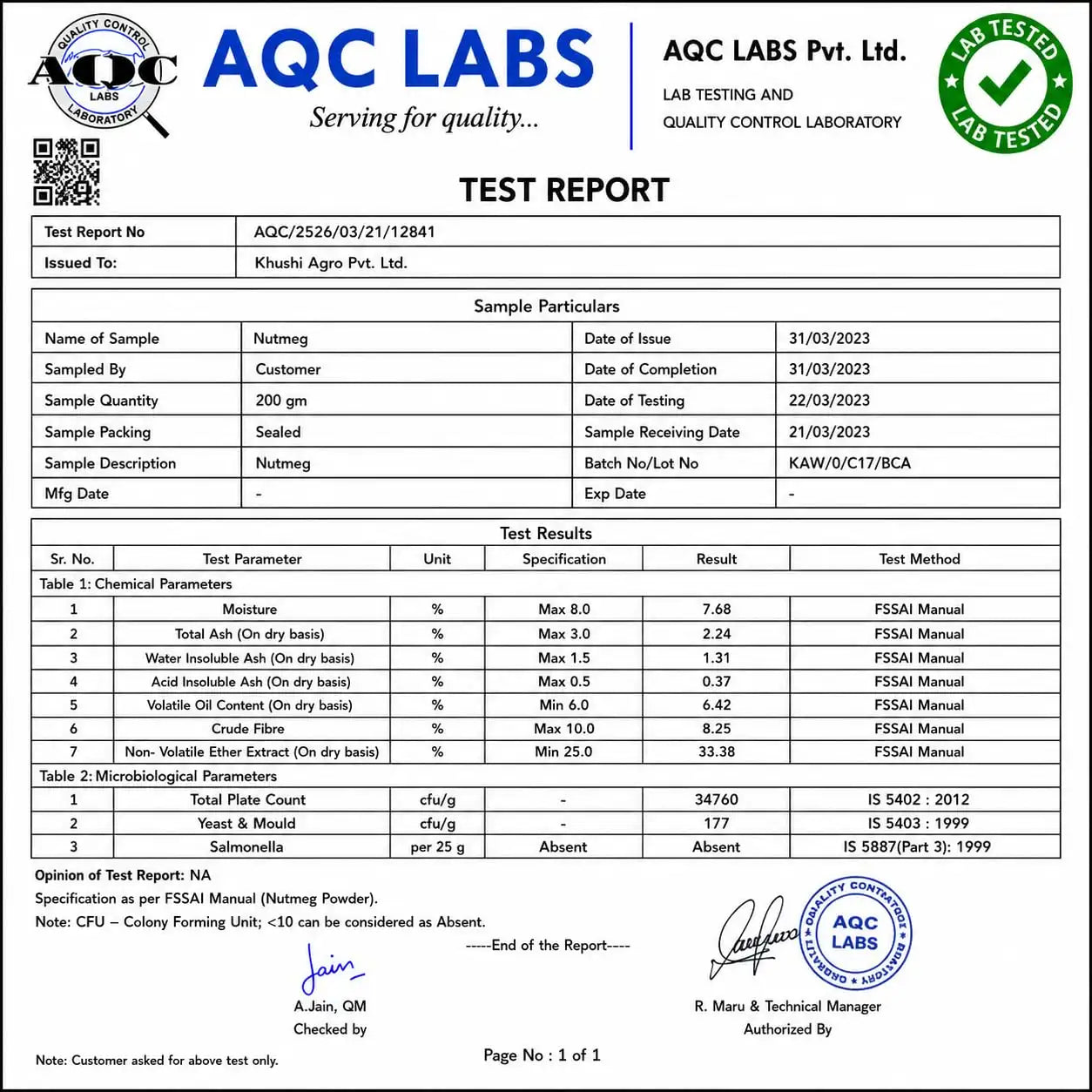 Nutmeg test report document with chemical test parameters and results