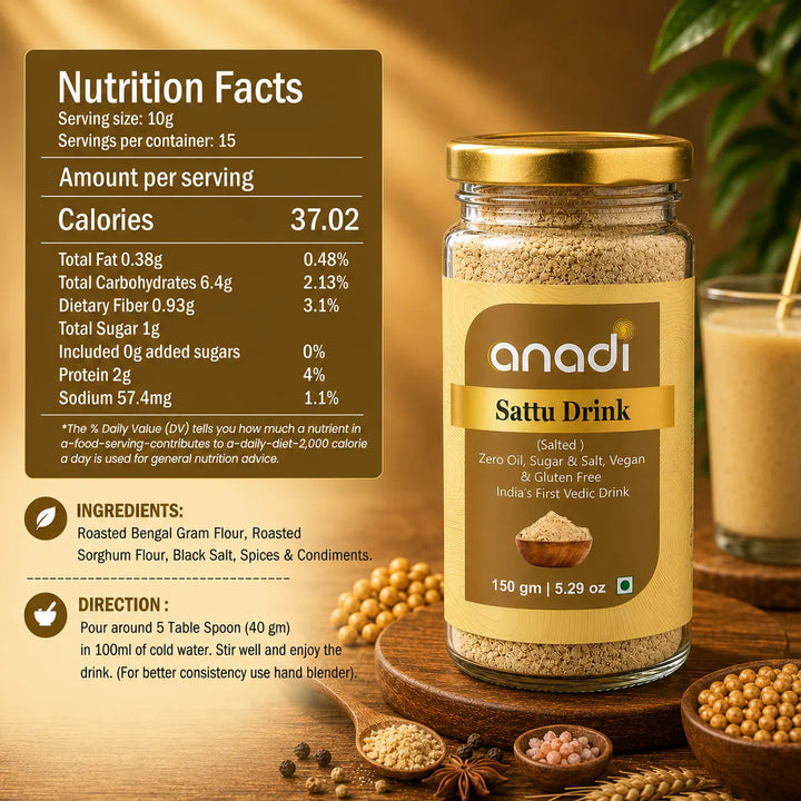Salted sattu drink premix in glass jar with gold lid, 150 g