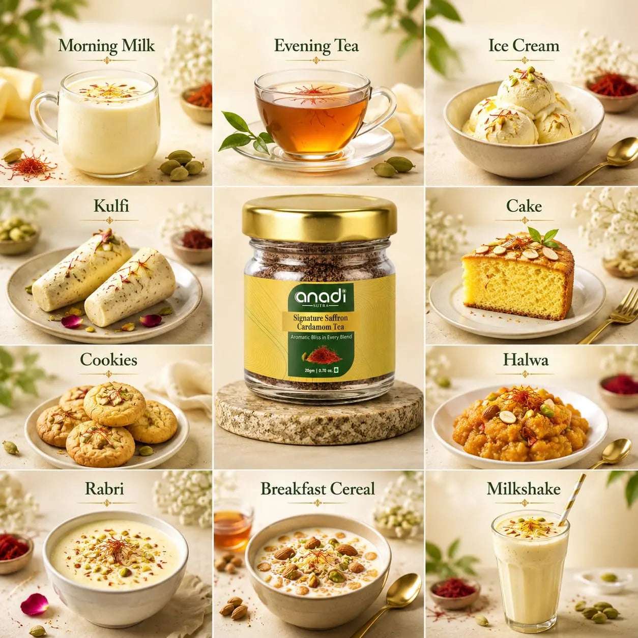 Small glass jar with gold lid labeled saffron cardamom tea