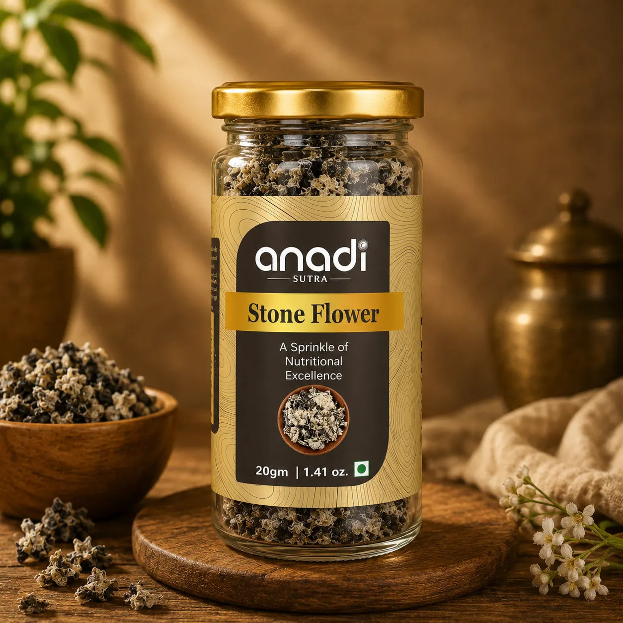 anadi sutra Stone Flower jar with gold lid, dried floral mixture inside