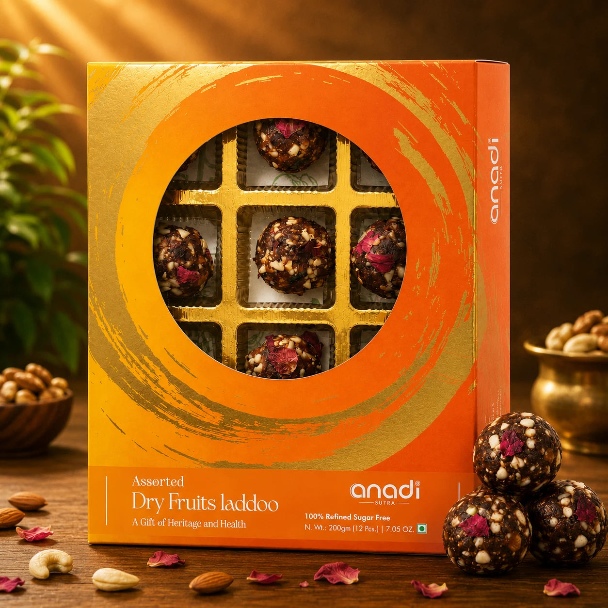Assorted dry fruits ladoo gift box with window showing bite-size balls