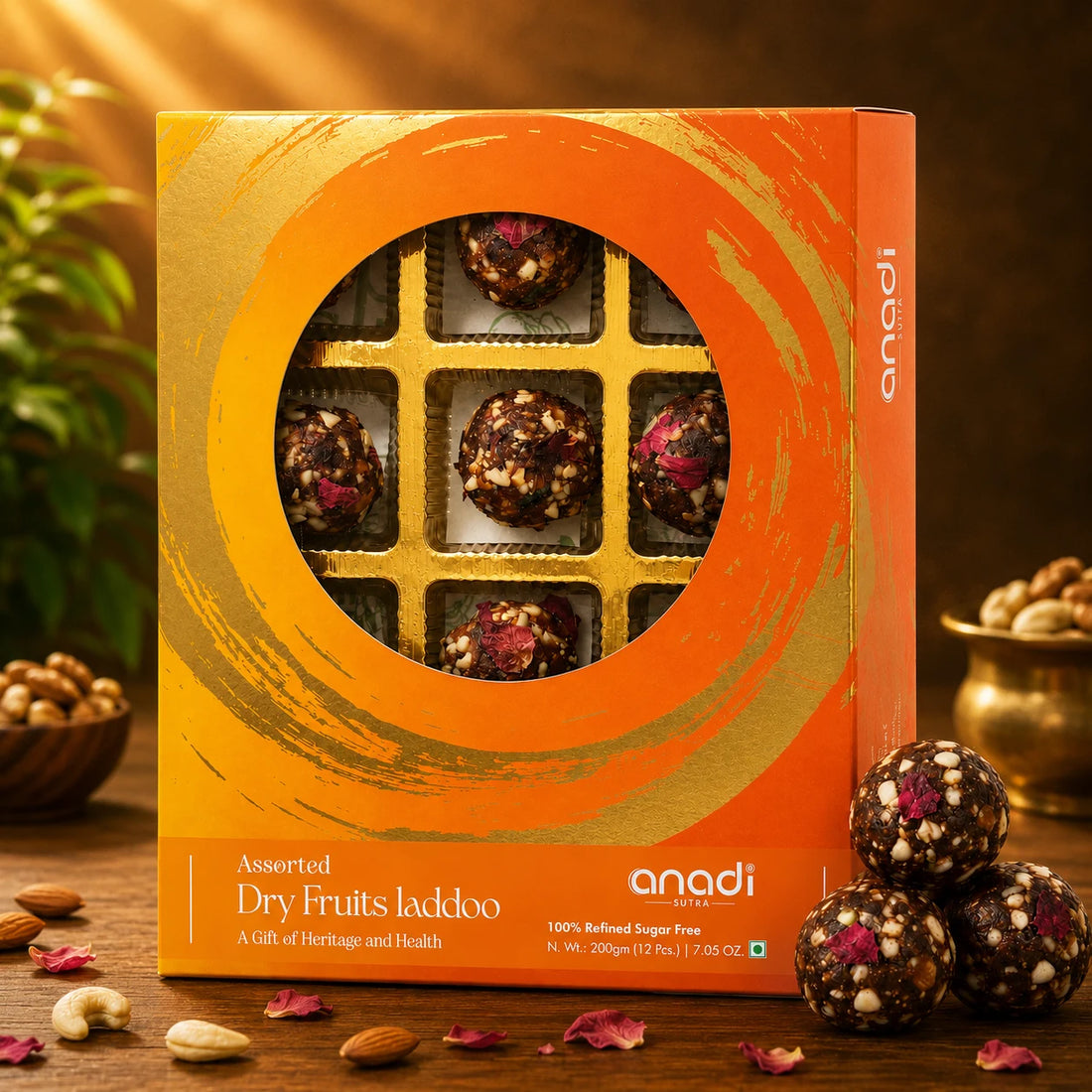 Assorted dry fruits ladoo gift box with window showing bite-size balls