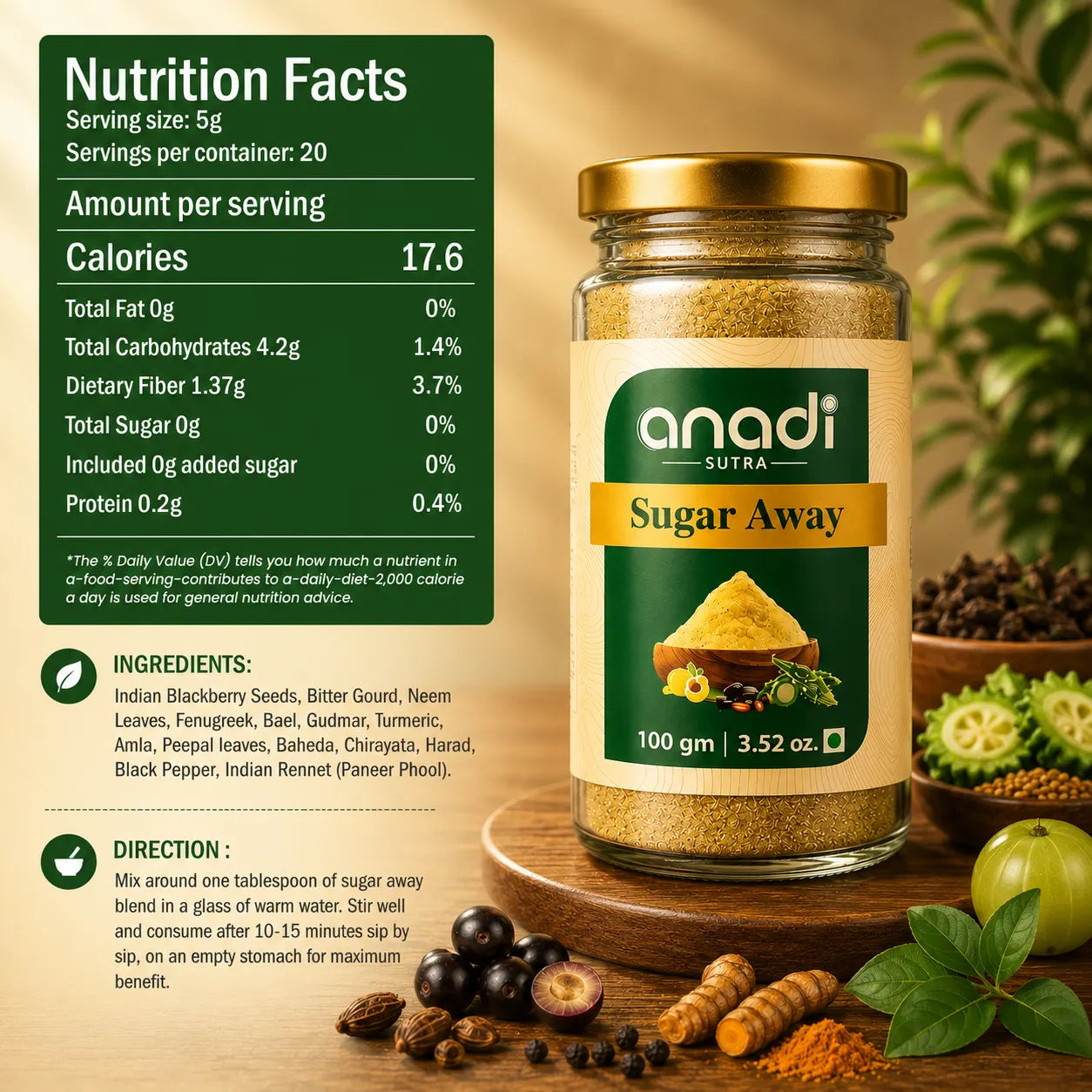 Green-labeled glass jar with gold lid of Sugar Away powder, 100 g.