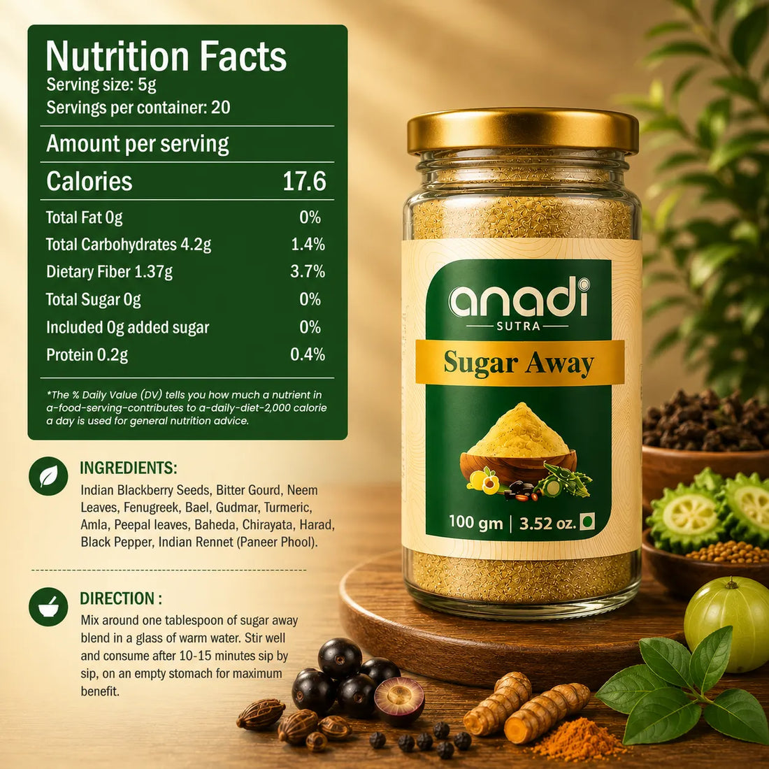Green-labeled glass jar with gold lid of Sugar Away powder, 100 g.