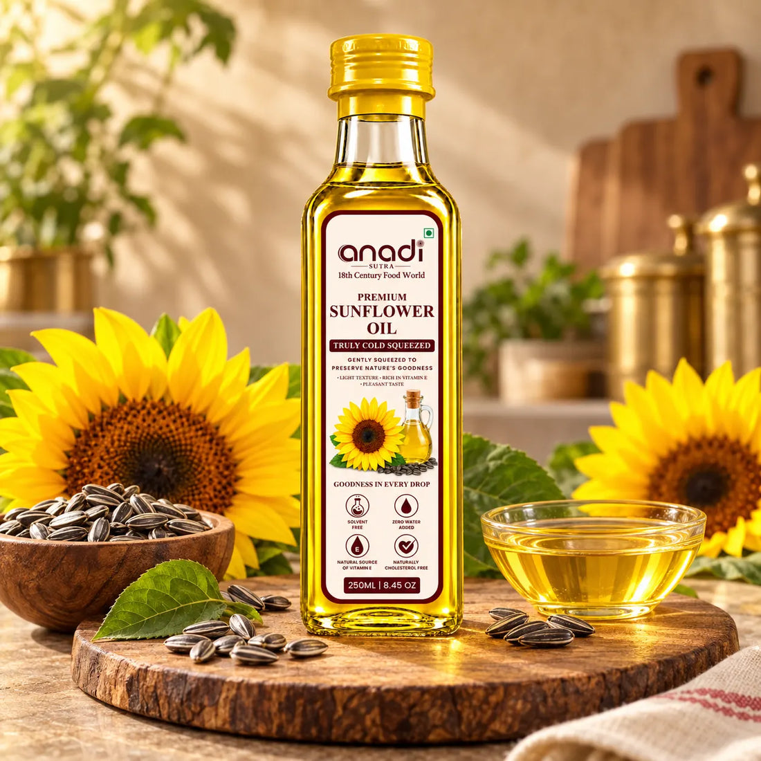 Anadi sunflower oil bottle with golden-yellow oil and gold cap