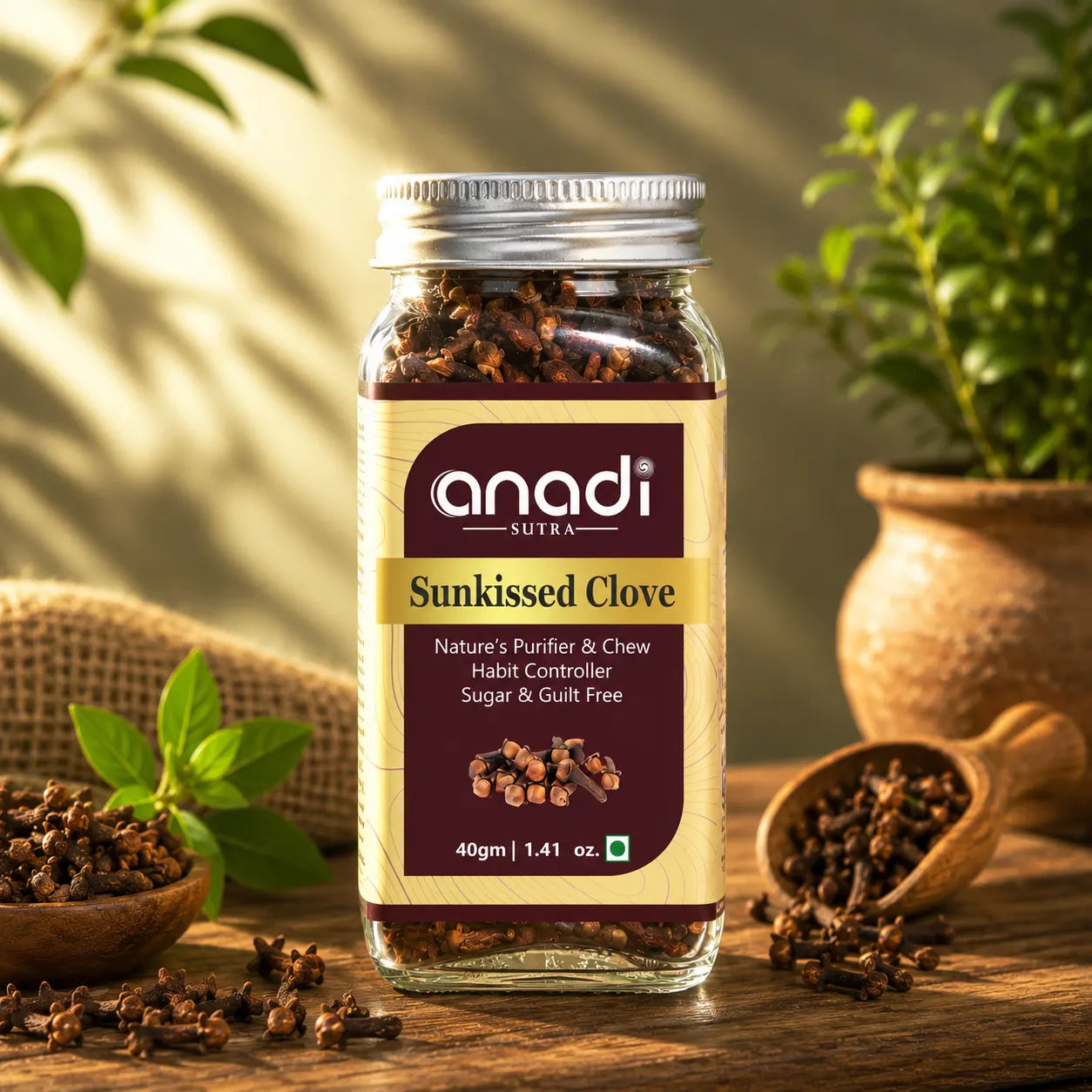 Sunkissed clove jar with screw-top lid and visible roasted clove buds inside