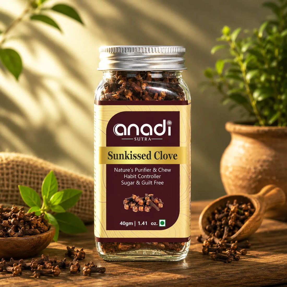 Sunkissed clove jar with screw-top lid and visible roasted clove buds inside