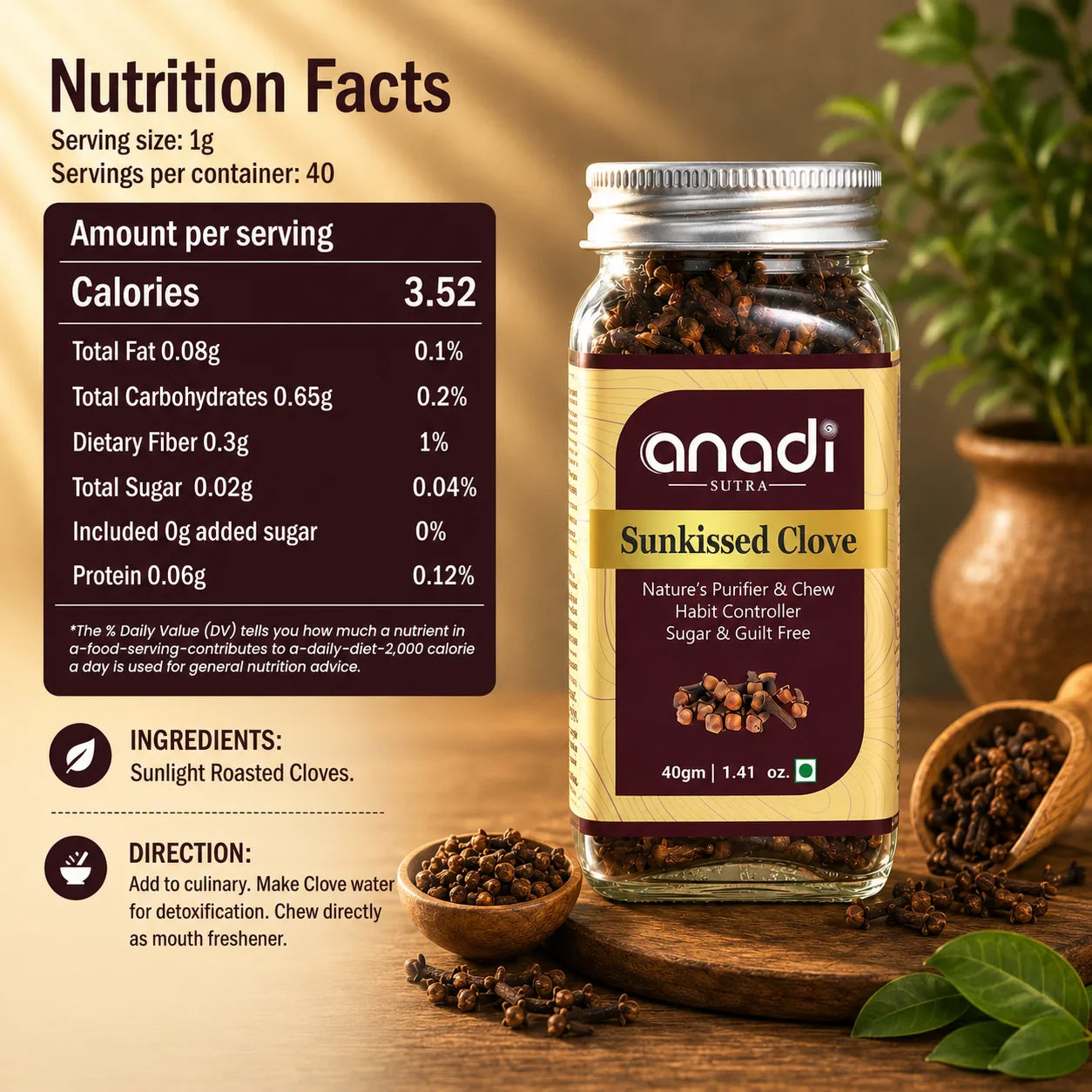 Glass jar of roasted clove spice with label, whole clove pods visible