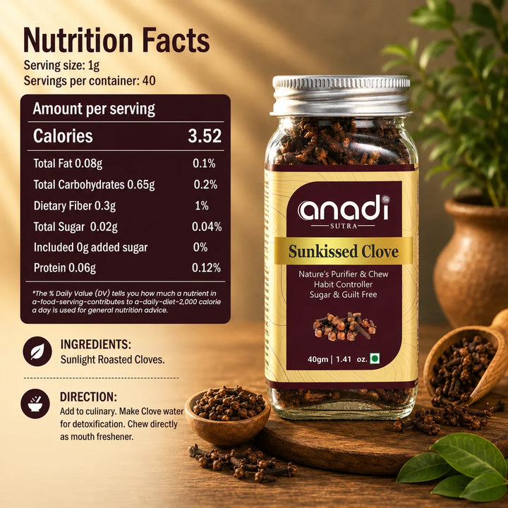Glass jar of roasted clove spice with label, whole clove pods visible
