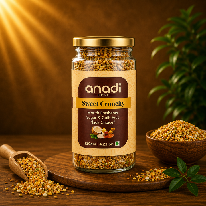 Close-up of Sweet Crunchy 120 g jar with gold lid, seeds inside, and green leaves