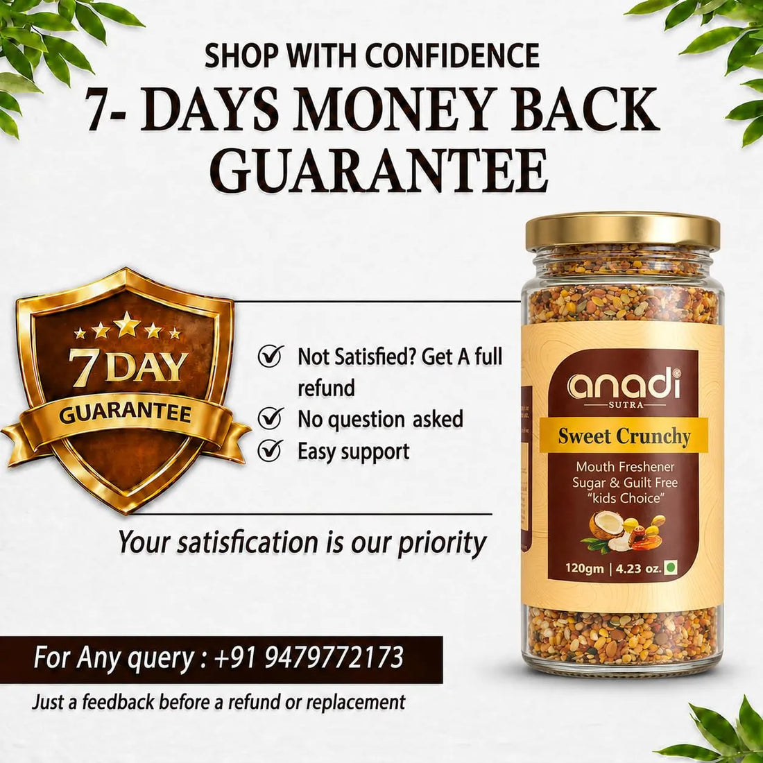 Sweet Crunchy 120 g jar with gold lid and a “7 day” guarantee badge