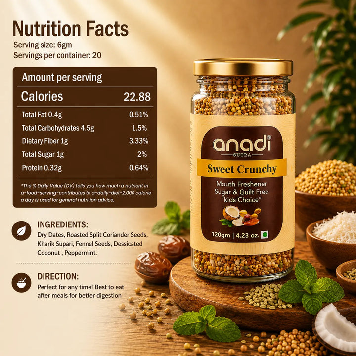 Sweet Crunchy snack jar, clear glass with gold lid and brown label, 120 g