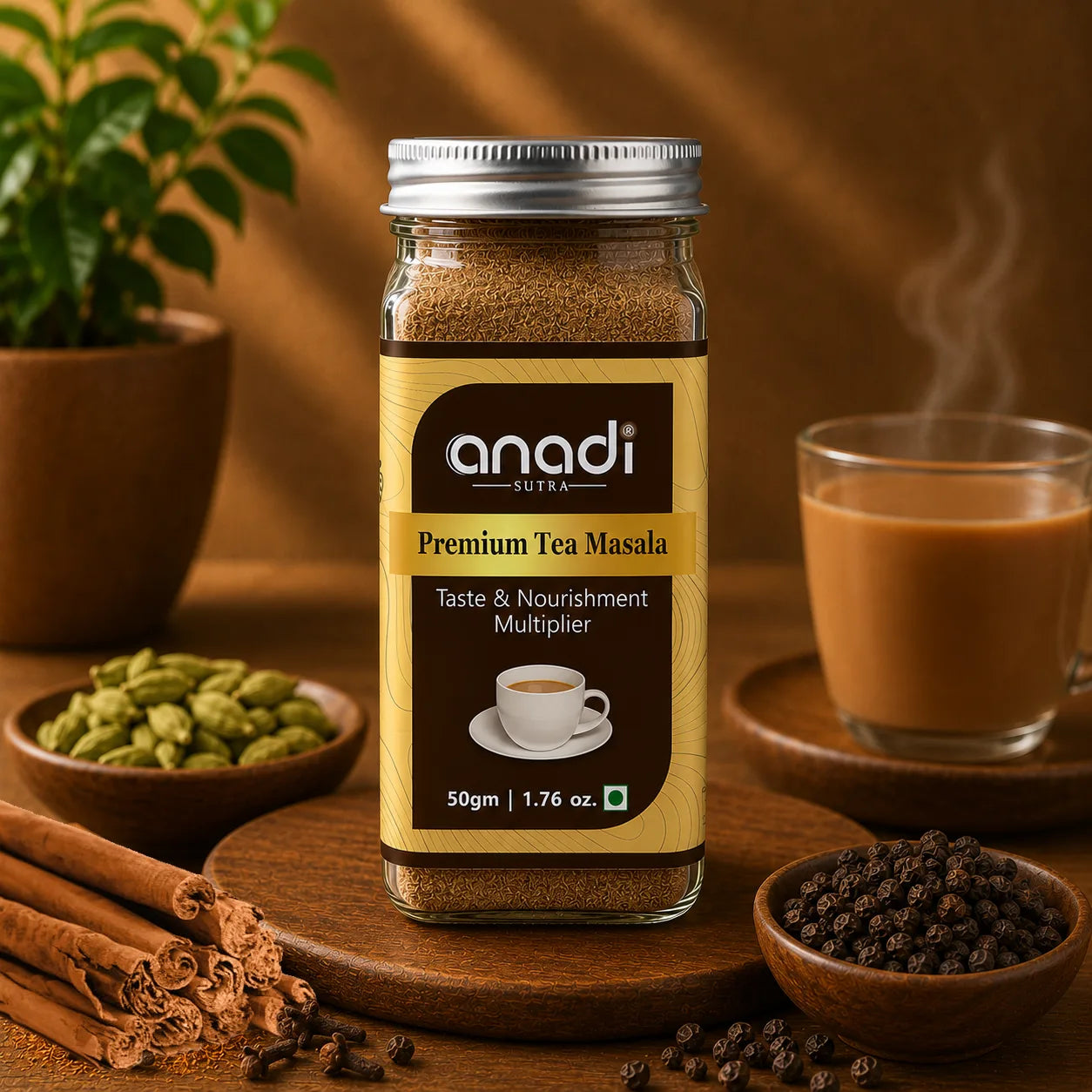 anadi SUTRA Premium Tea Masala jar with white lid, filled with brown spice powder