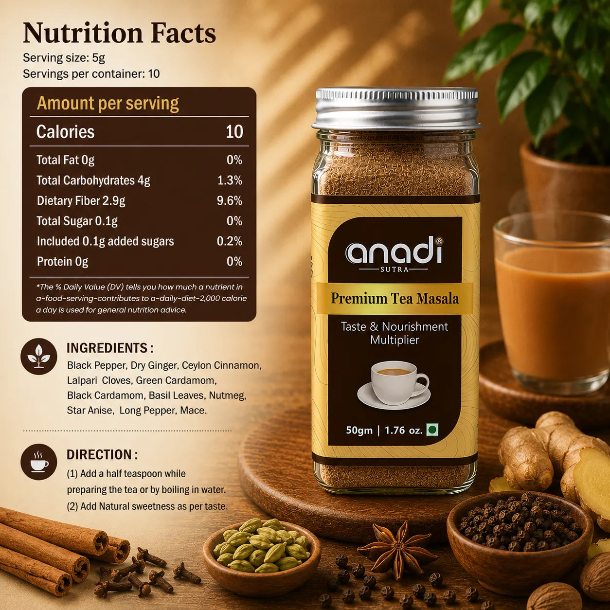 anadi Premium Tea Masala spice mix jar with label, 50 g, with tea cup graphic