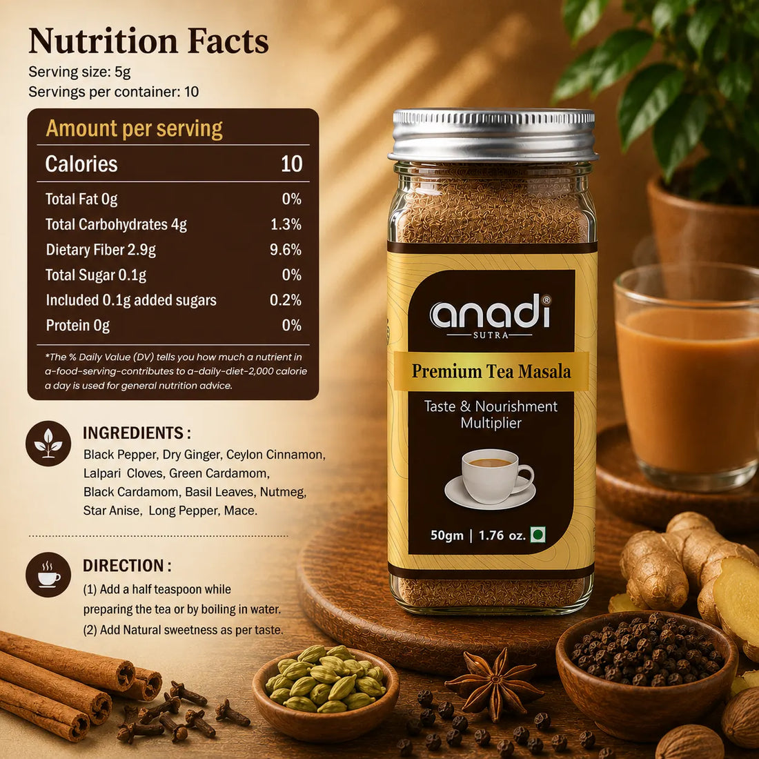 anadi Premium Tea Masala spice mix jar with label, 50 g, with tea cup graphic