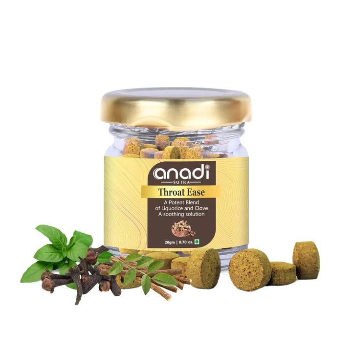 Herbal throat relief jar with gold lid on white background, with herbs and tablets