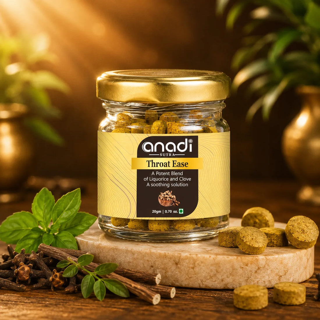 Throat Ease supplement jar, glass container with yellow label and 20 g contents
