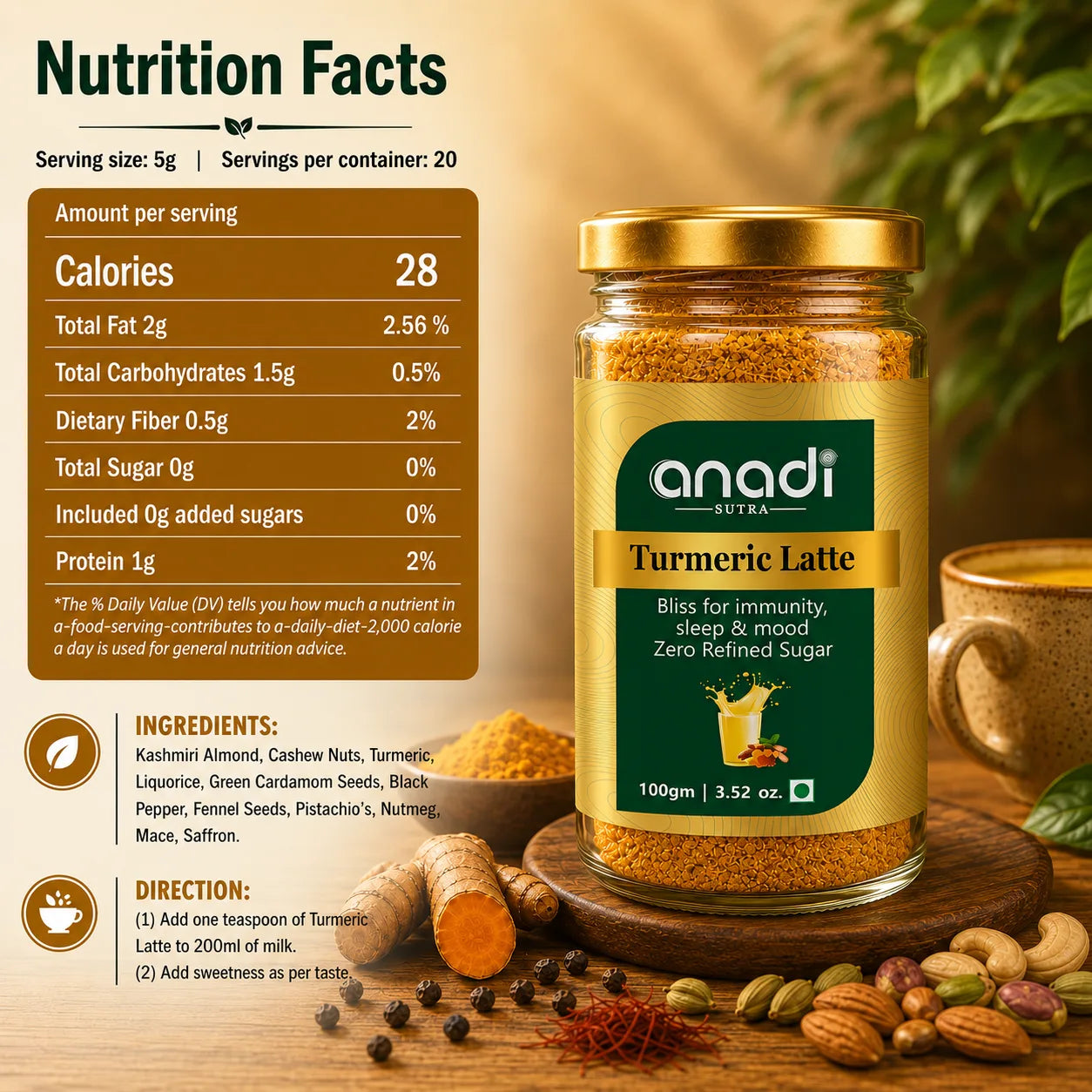 Turmeric latte powder in a glass jar with gold lid and green label