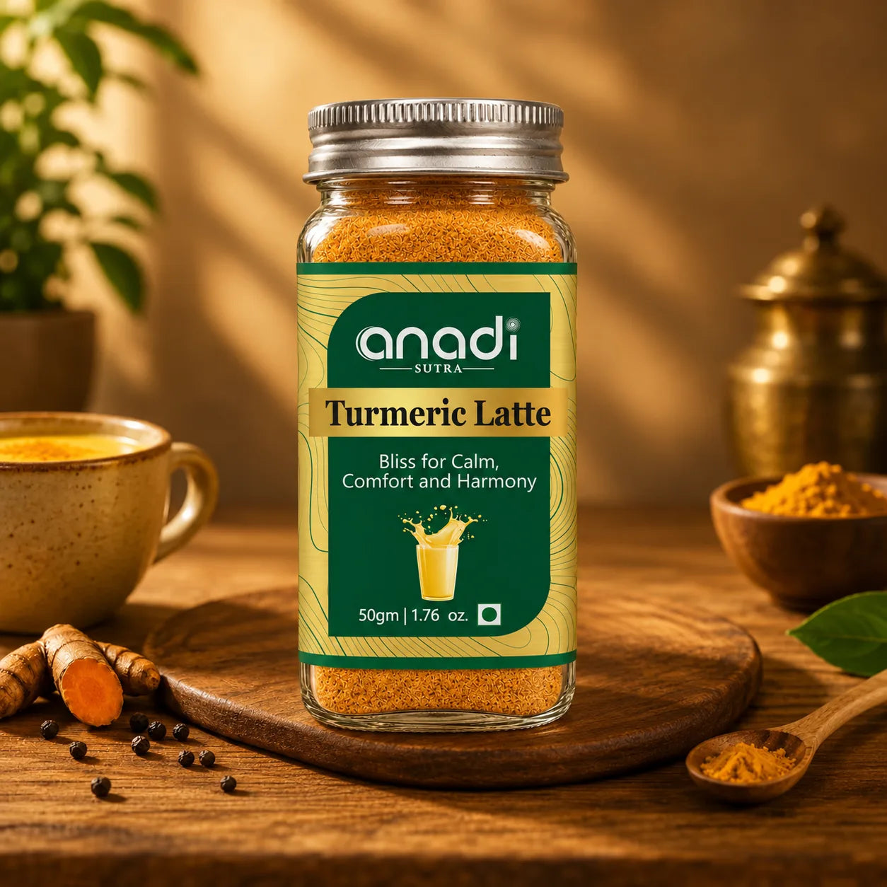 anadi Sutra Turmeric Latte spice blend in glass jar, green label, 50 g