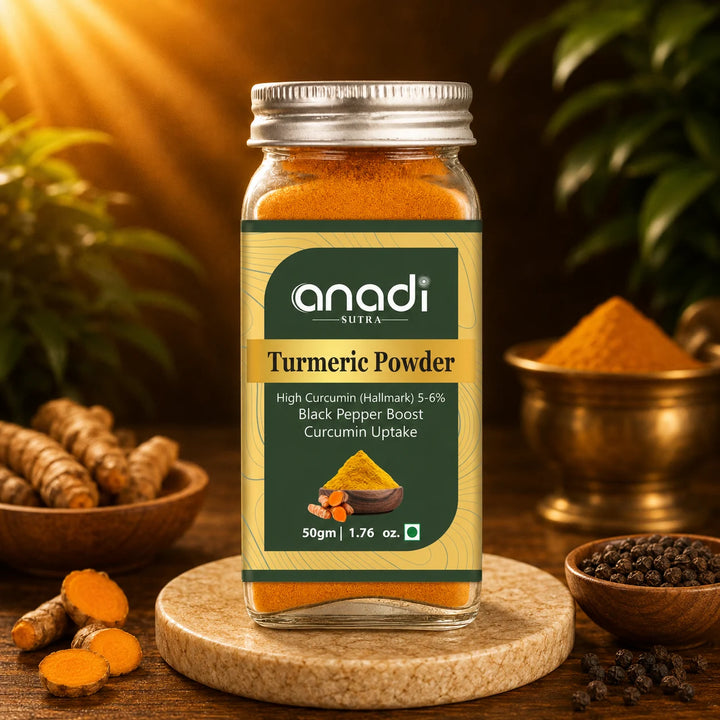 Turmeric powder jar (50g) close-up with golden powder and scattered turmeric pieces