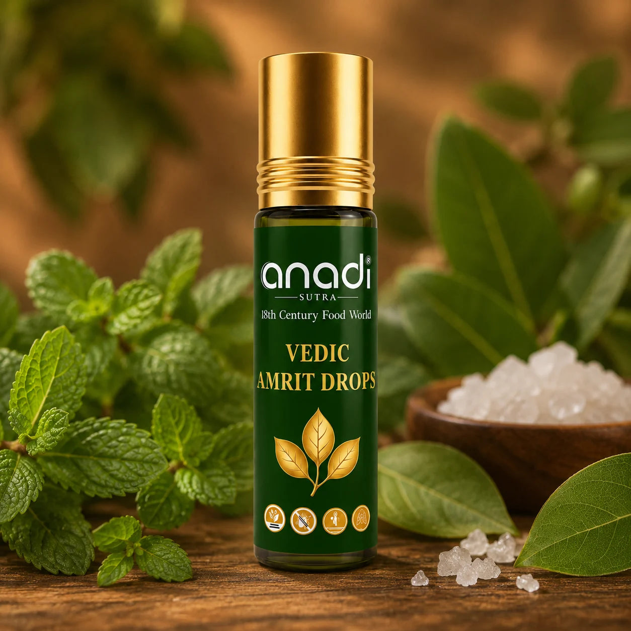 Vedic Amrit Drops bottle by anocdi, green glass with gold cap