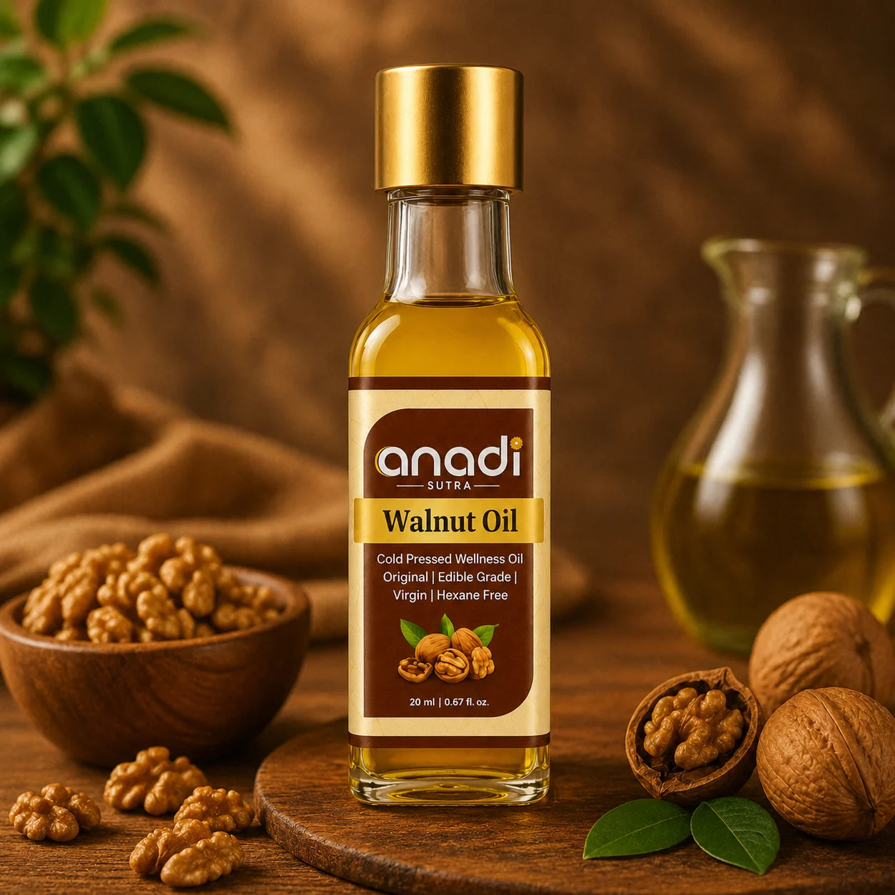 Walnut oil bottle (20 ml) with amber liquid and gold cap, label visible