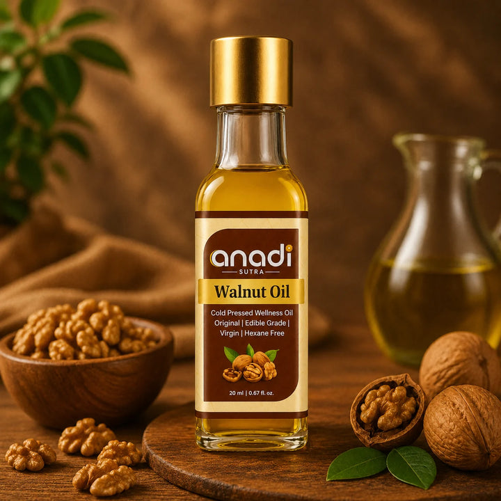 Walnut oil bottle (20 ml) with amber liquid and gold cap, label visible