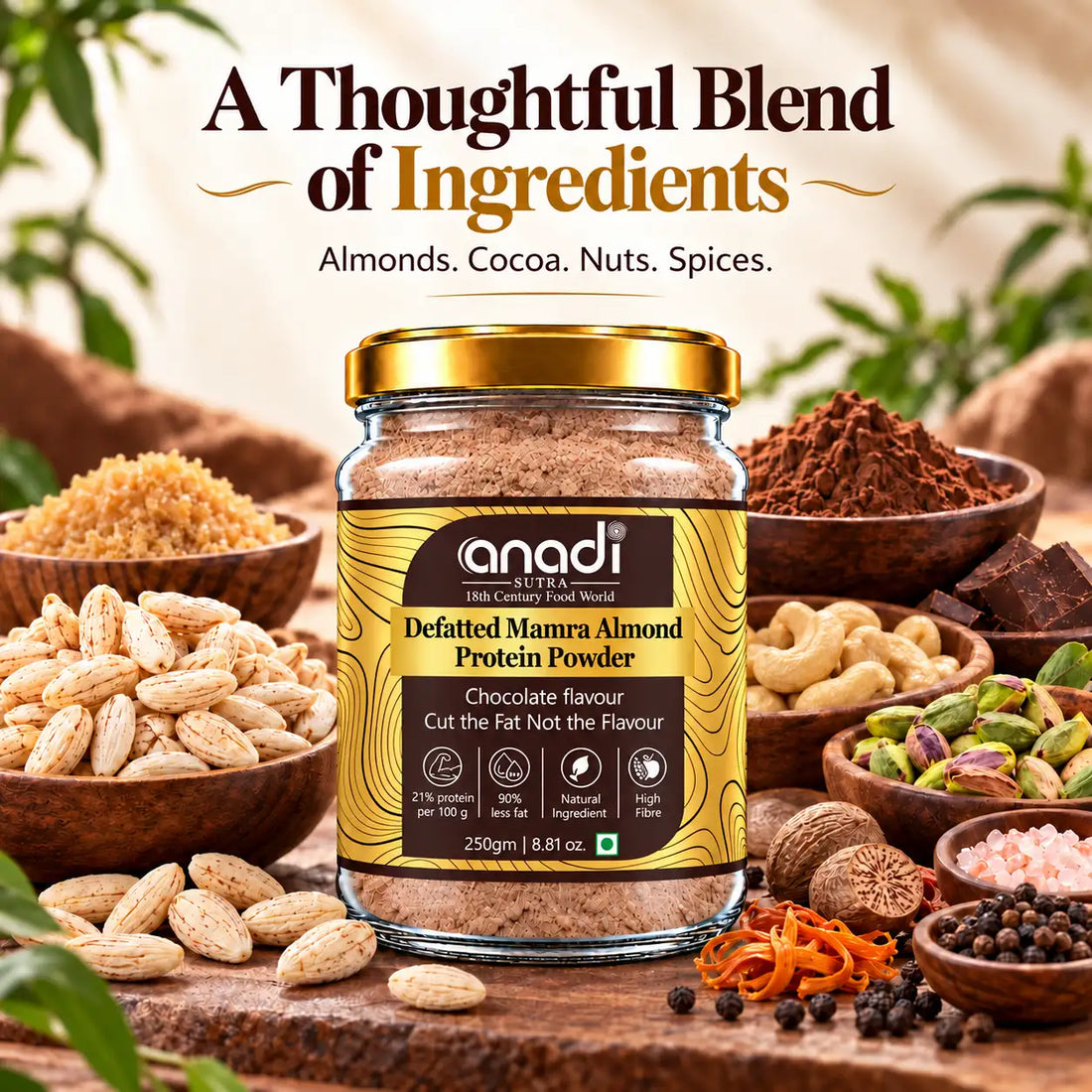 Gold-lidded anadi almond protein powder jar with almonds, cocoa, and powder