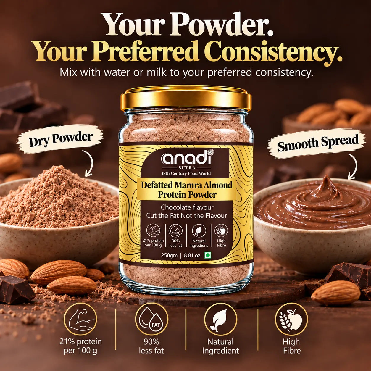 Gold-lidded anadi defatted almond protein powder jar with chocolate powder and spread