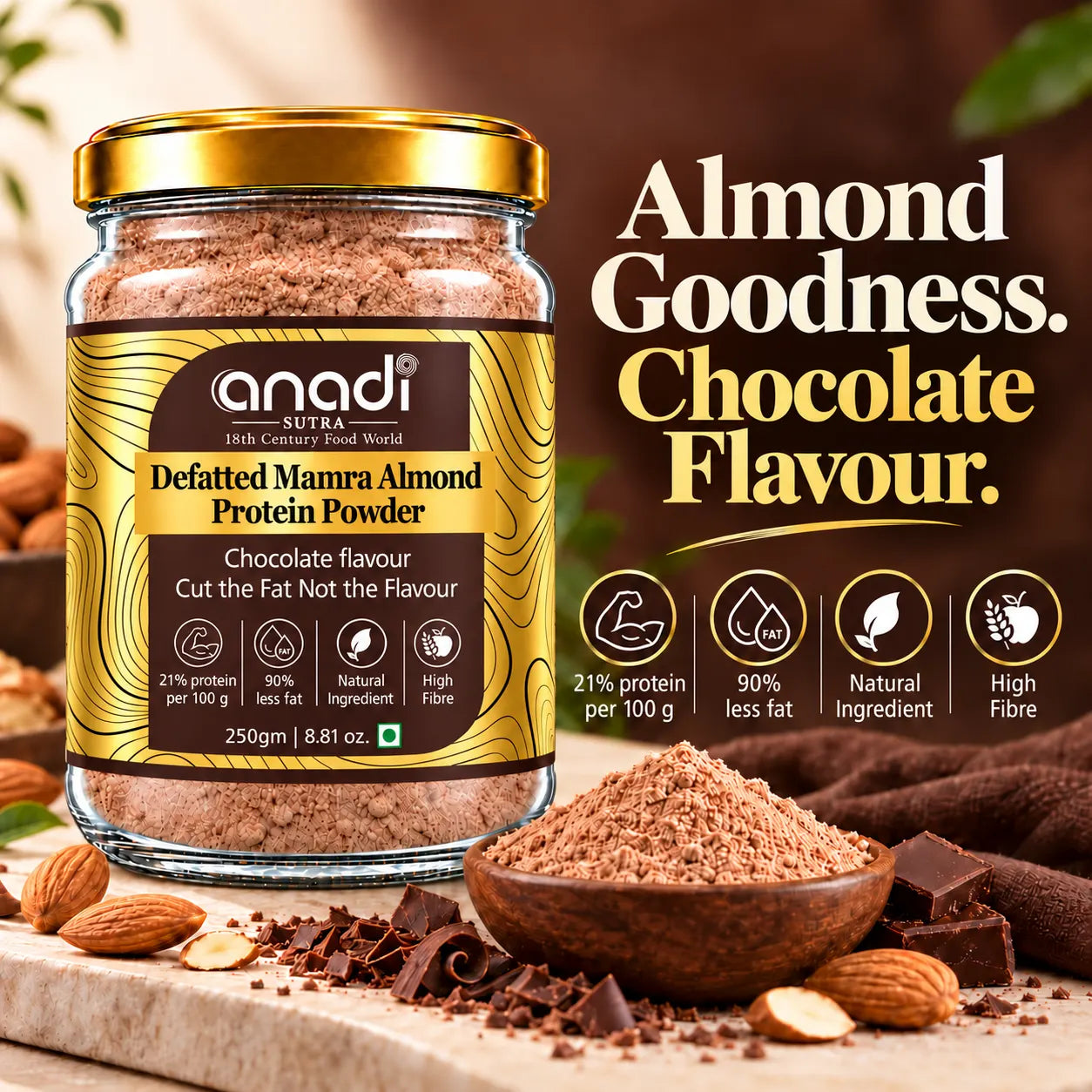 Gold-lidded anadi defatted almond protein powder jar, chocolate flavour, 250 g