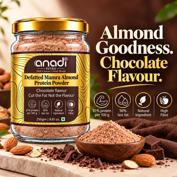 Gold-lidded anadi defatted almond protein powder jar, chocolate flavour, 250 g