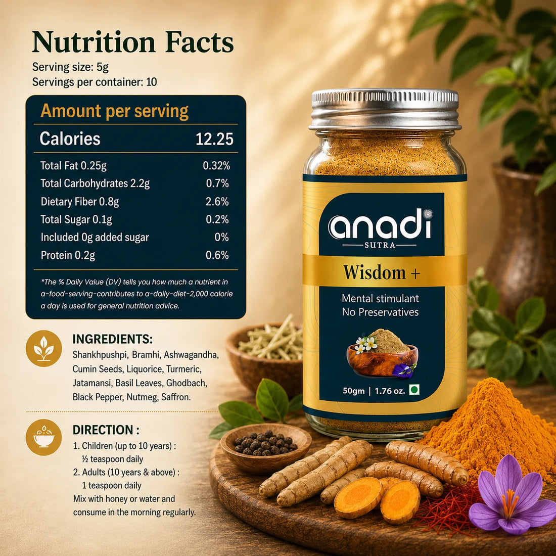 Wisdom+ supplement jar by anadi sutra, 50 g, with gold lid