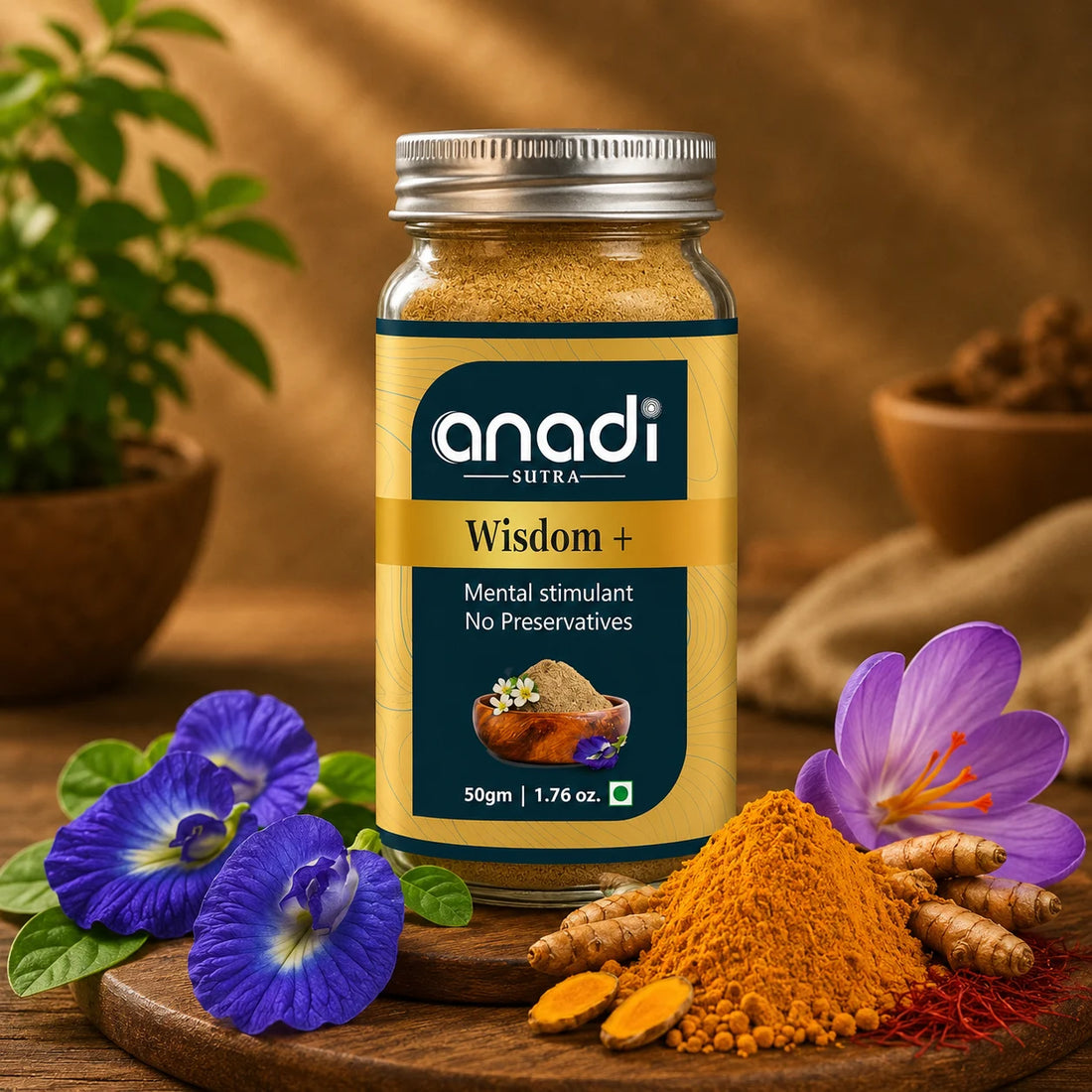 Wisdom+ 50 g supplement jar with clear lid and golden-brown powder
