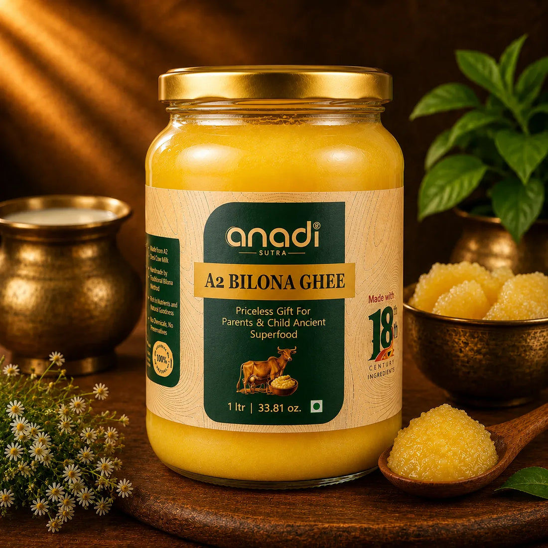 anadi A2 bilona ghee jar, 1 L with gold lid, yellow ghee in glass
