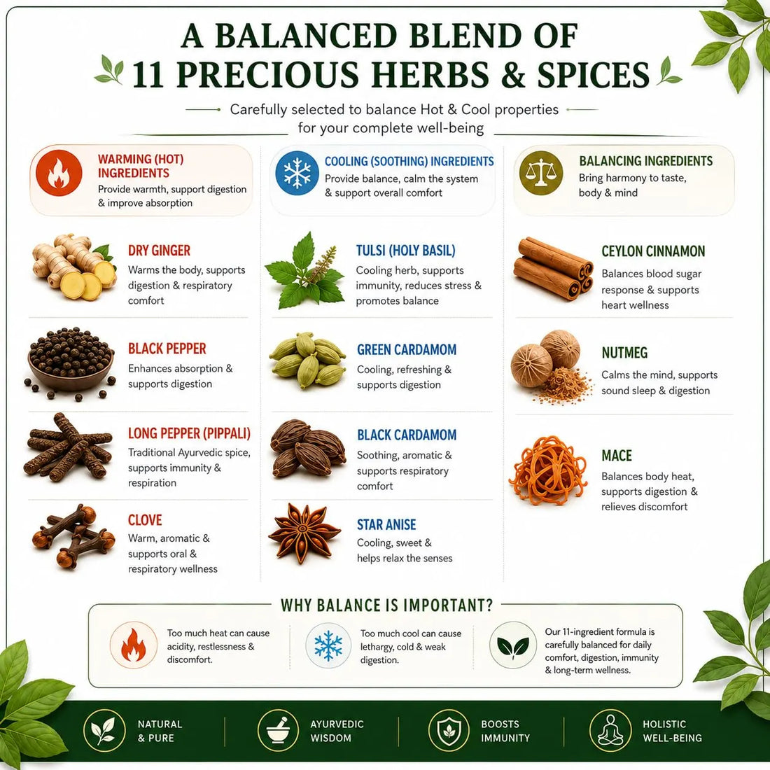 Tea masala ingredients and balance blend chart with herbs and spices icons