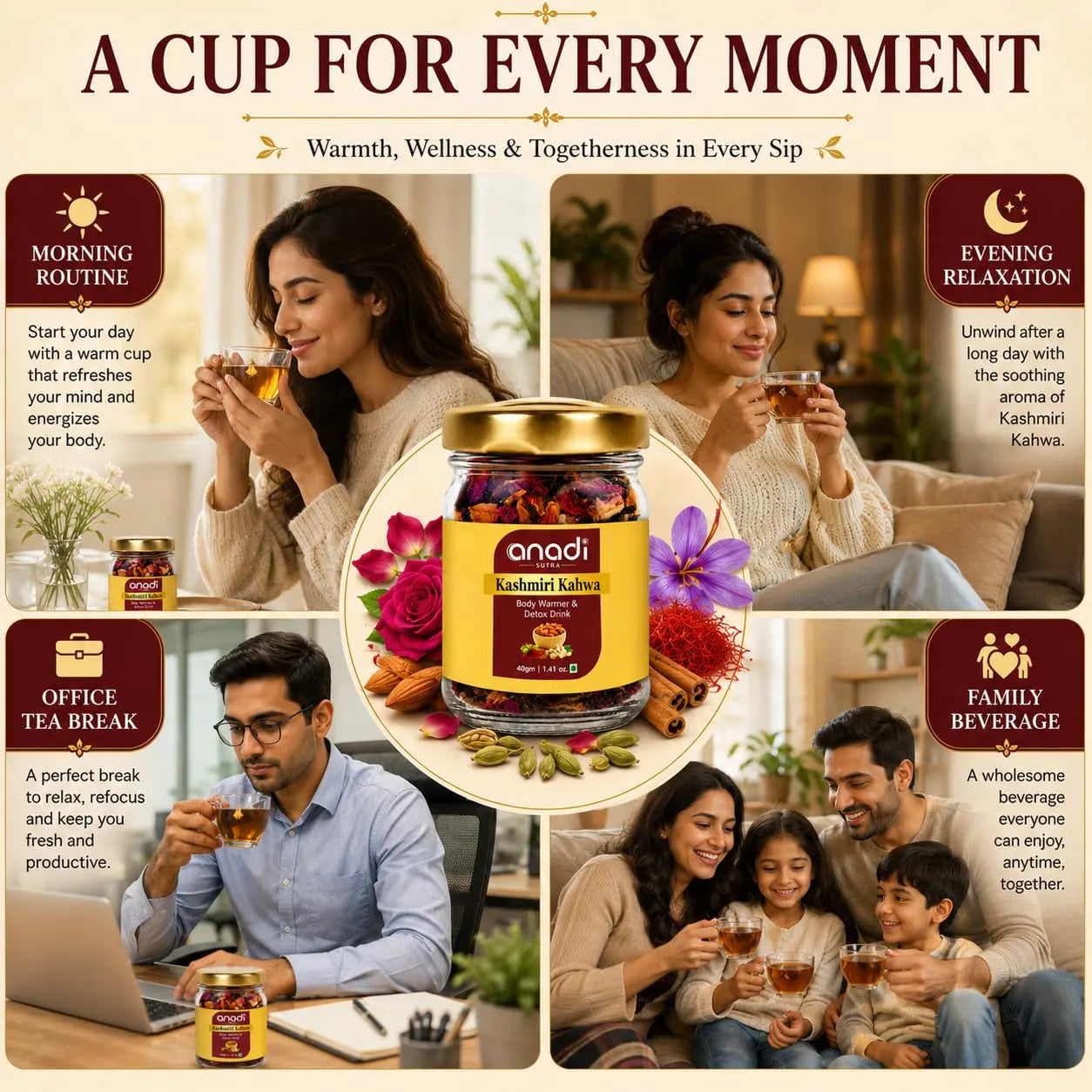 Kashmiri Kahwa jar drink mix, golden lid with maroon label and whole spice garnish