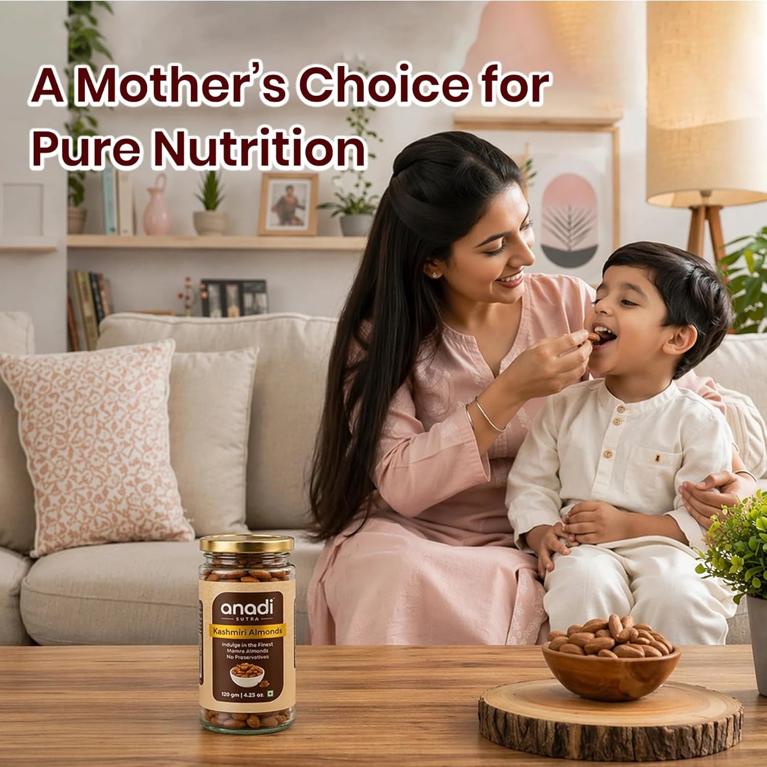 Jar of Kashmiri almonds on table with mother and child holding almonds