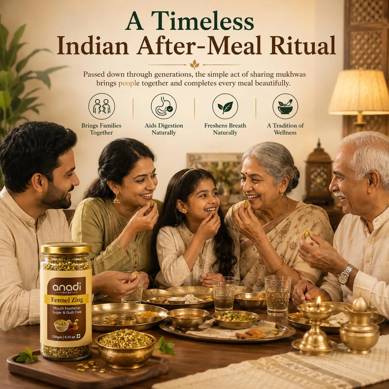 Anadi fennel mouth freshener jar on a dining table with shared after-meal plates