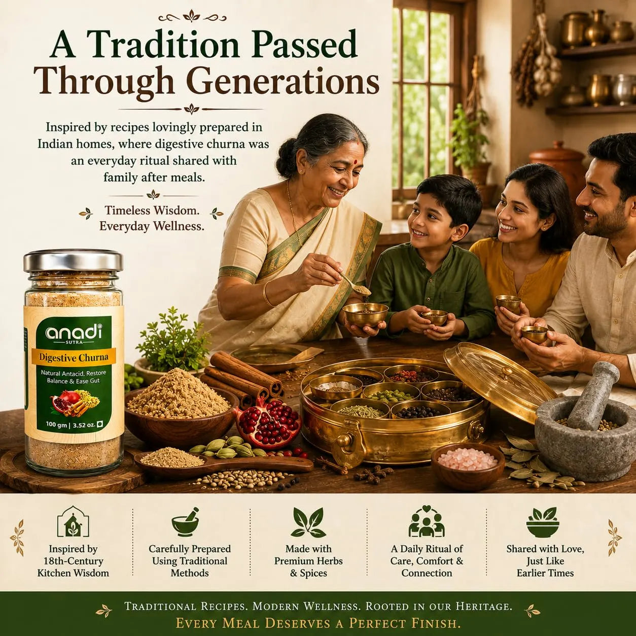 anadi sutra digestive churna jar on dining table with herbs, spices, and family