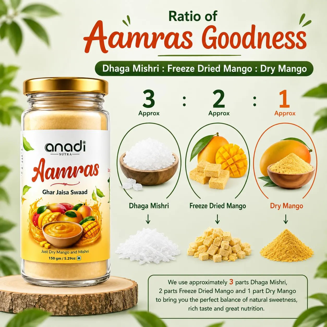 Mango fruit pulp jar with gold lid, dried mango granules and mango powder