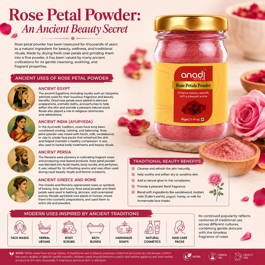 Rose petal powder jar with gold cap and bowl of pink powder, label visible