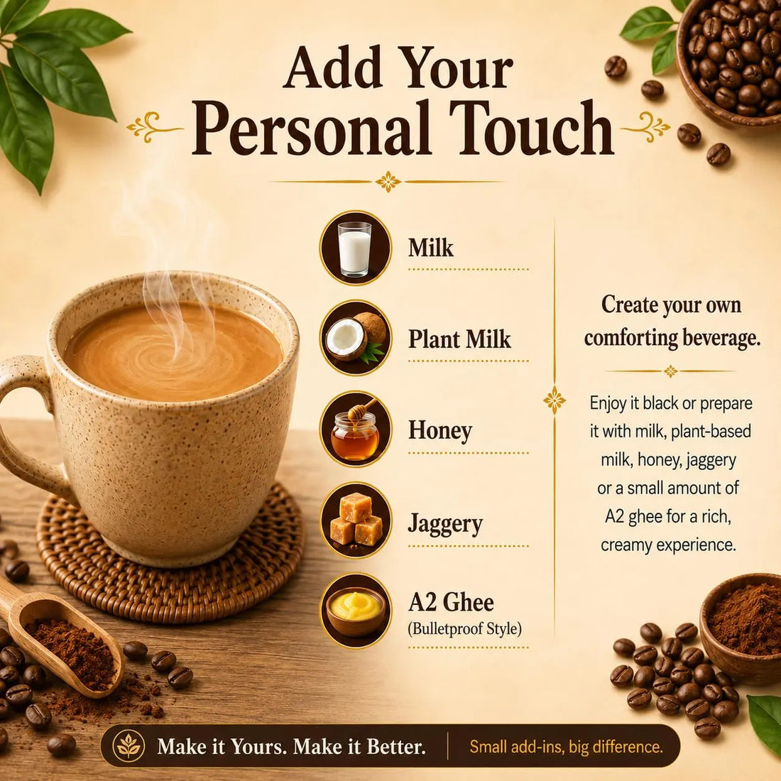 Cup of date seed coffee with accessory add-ins icons and anadi date seed coffee jar