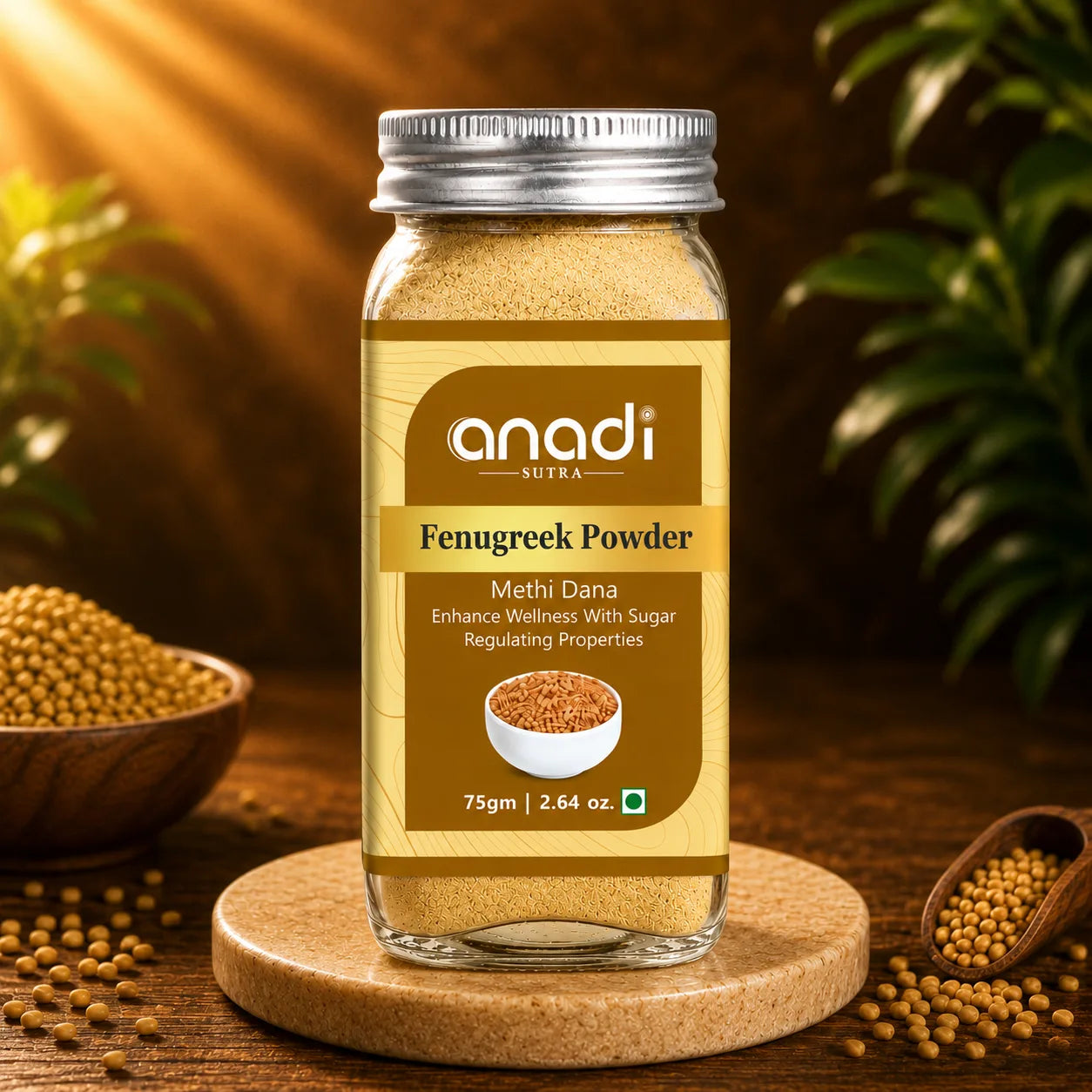 Fenugreek seeds powder bottle with golden-brown ground powder and scattered seeds