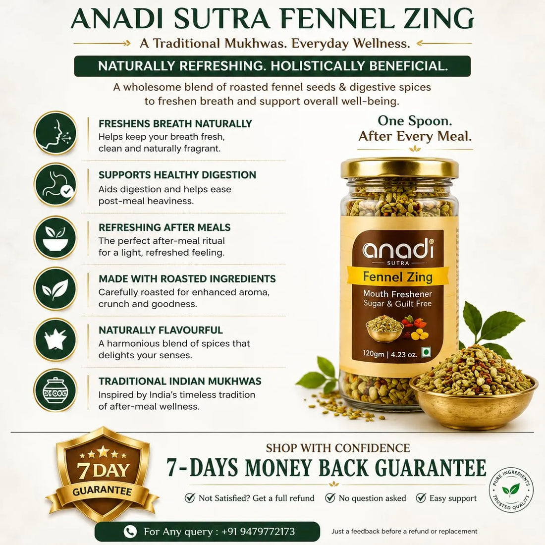 Anadi Sutra Fennel Zing jar beside a bowl of roasted fennel seeds